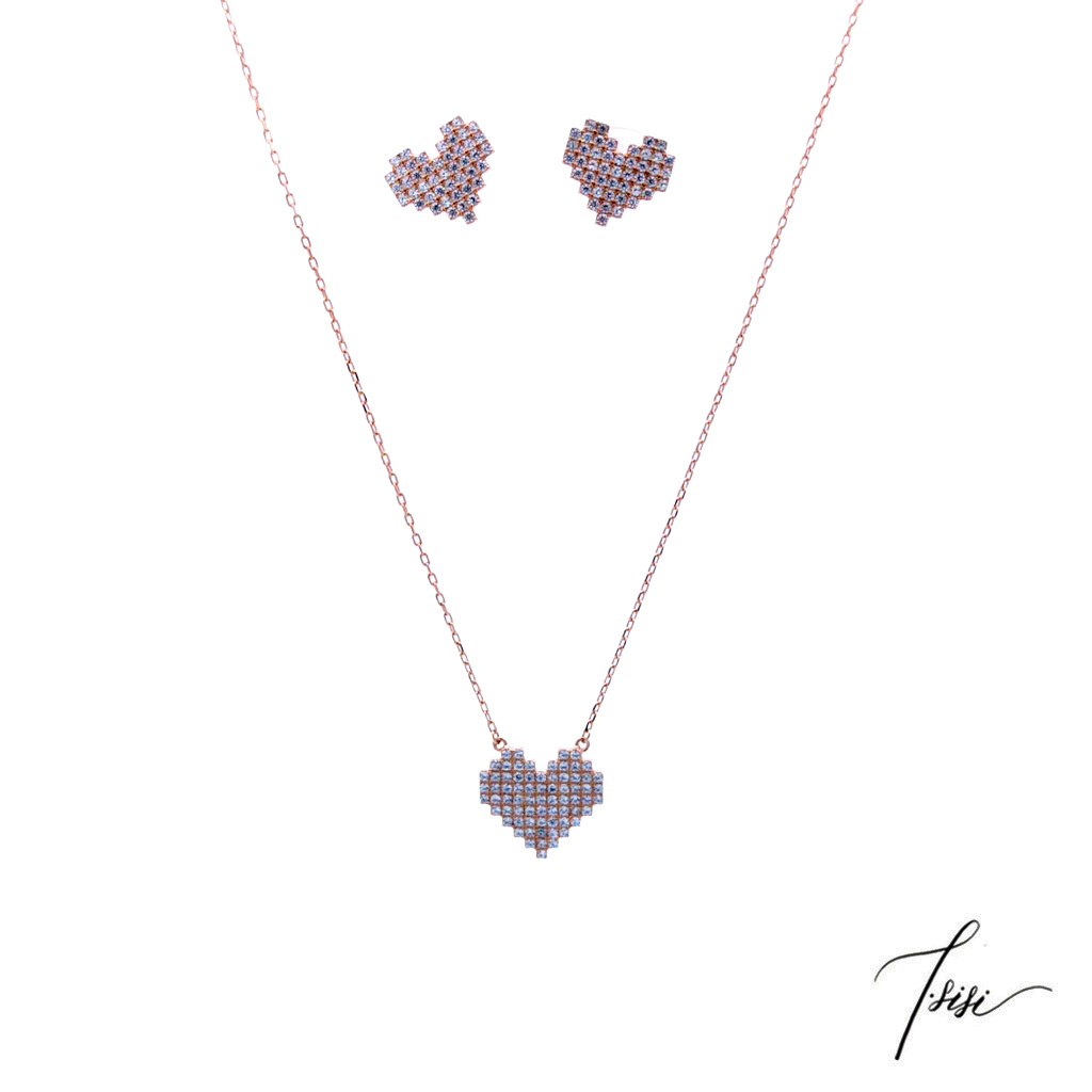 [T'SISI] S925 Silver Diamond Heart Necklace Earring Set