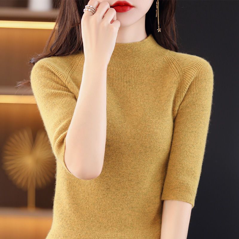 Stella Fashion Women Elegant Knit Top Slim Fit Round Neck Half Sleeve Office Casual Pullover Blouse Free Size