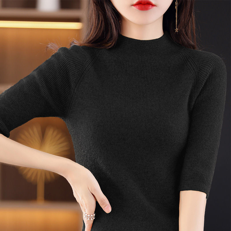 Stella Fashion Women Elegant Knit Top Slim Fit Round Neck Half Sleeve Office Casual Pullover Blouse Free Size