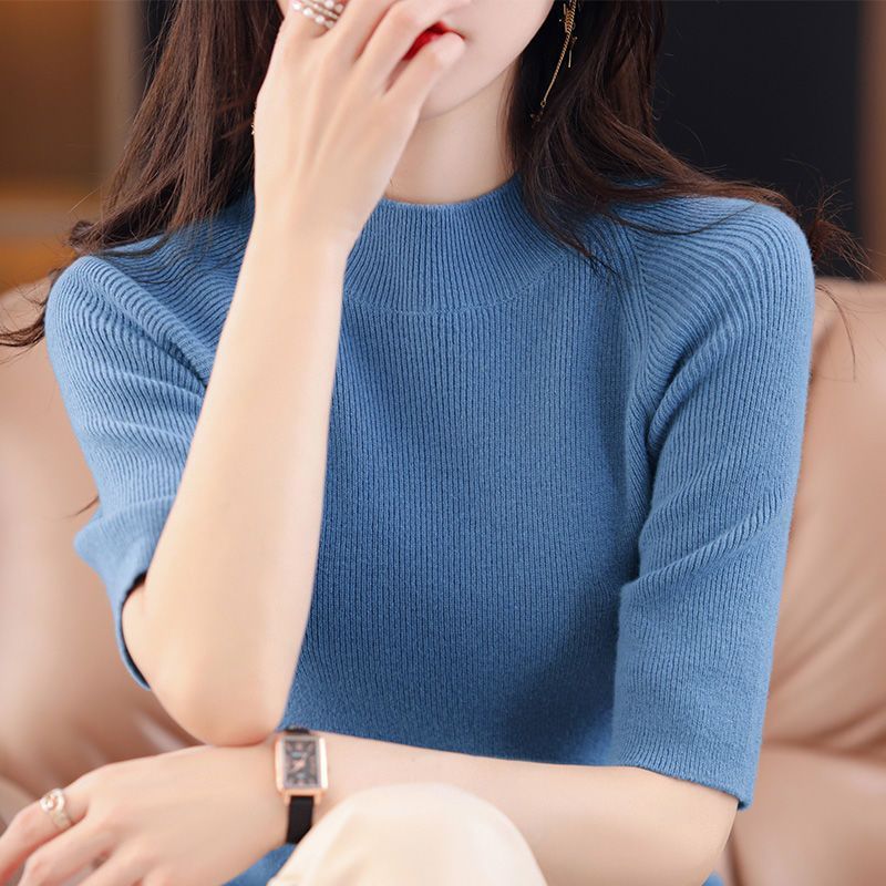 Stella Fashion Women Elegant Knit Top Slim Fit Round Neck Half Sleeve Office Casual Pullover Blouse Free Size