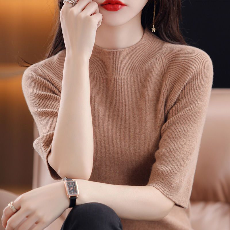Stella Fashion Women Elegant Knit Top Slim Fit Round Neck Half Sleeve Office Casual Pullover Blouse Free Size