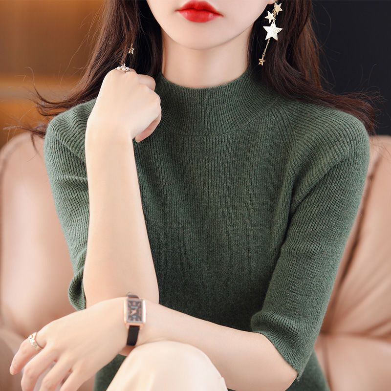 Stella Fashion Women Elegant Knit Top Slim Fit Round Neck Half Sleeve Office Casual Pullover Blouse Free Size