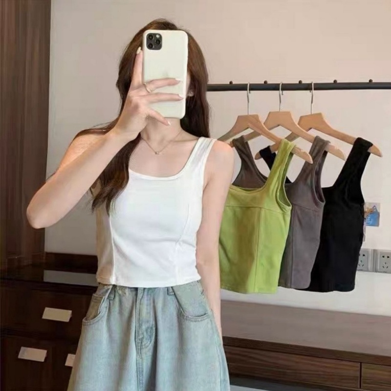 Stella Fashion Women Sleeveless Camisole inner tank top with padded Fixed Cup Cotton Singlet Wide Shoulder Straps Big U