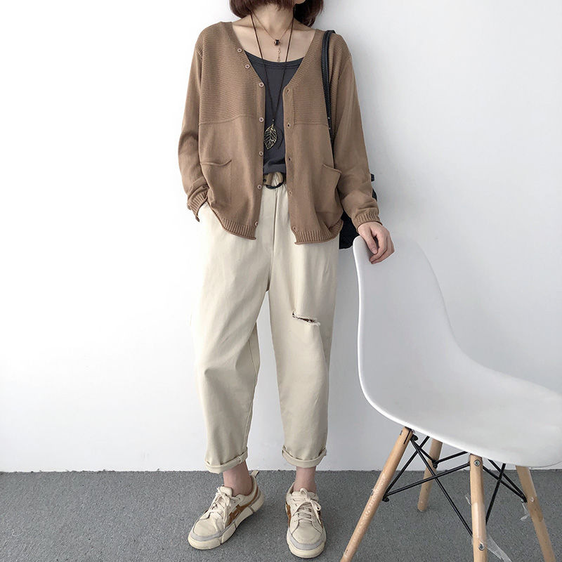 Women's Knitted Cardigan New loose Large Size Thin Jacket Casual Korean V-neck Outer Sweater Long-Sleeved Top-Stella's Fashion