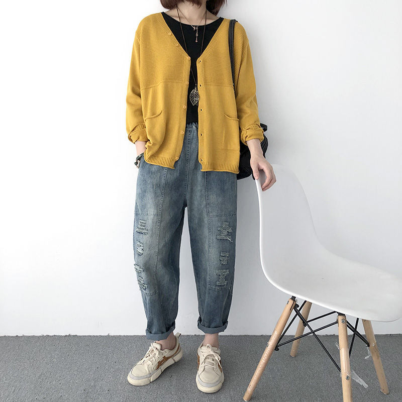 Women's Knitted Cardigan New loose Large Size Thin Jacket Casual Korean V-neck Outer Sweater Long-Sleeved Top-Stella's Fashion