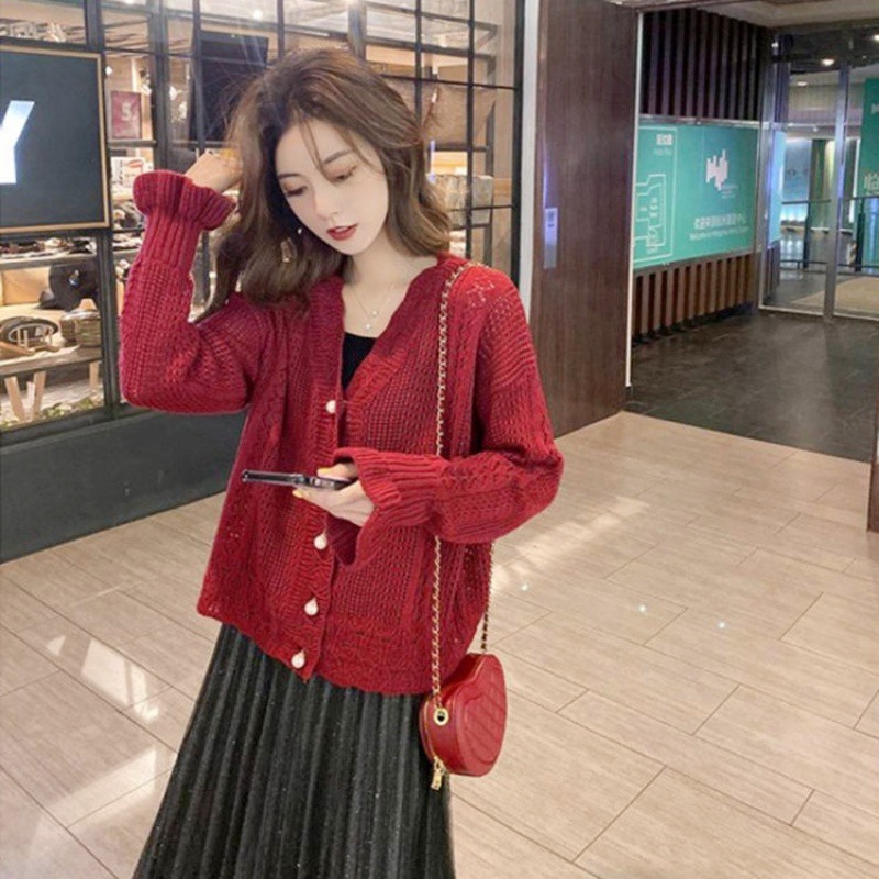 Stella Fashion Korean Retro Hollow Lazy Style Woolen Jacket Crocheted sweater V-neck Women's knitted Loose Cardigan-Stella's Fashion