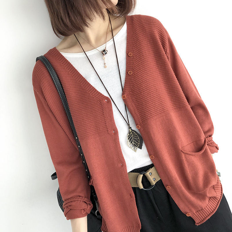 Women's Knitted Cardigan New loose Large Size Thin Jacket Casual Korean V-neck Outer Sweater Long-Sleeved Top-Stella's Fashion