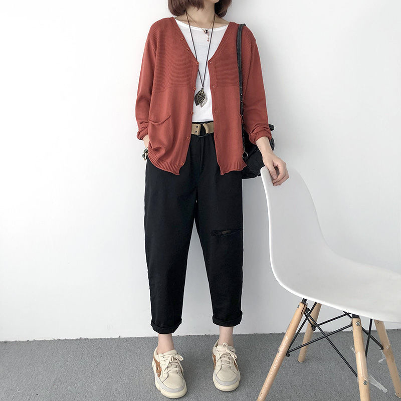 Women's Knitted Cardigan New loose Large Size Thin Jacket Casual Korean V-neck Outer Sweater Long-Sleeved Top-Stella's Fashion