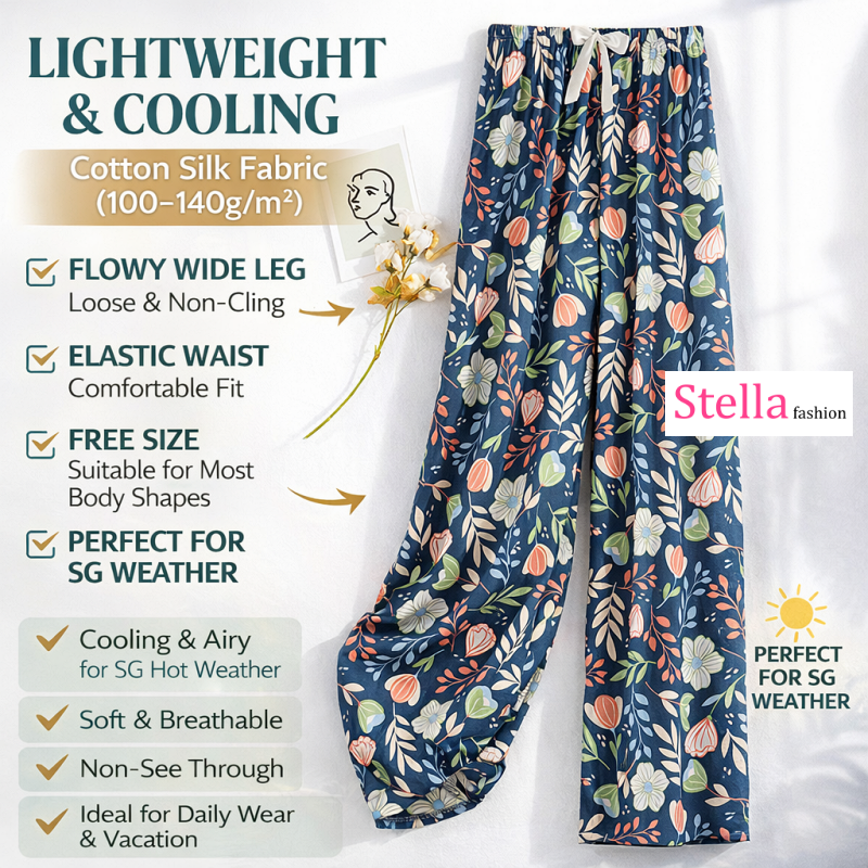 Stella Fashion Women Cotton Silk Wide Leg Long Pants | Lightweight Breathable | Casual Printed Loose Trousers | Free Size