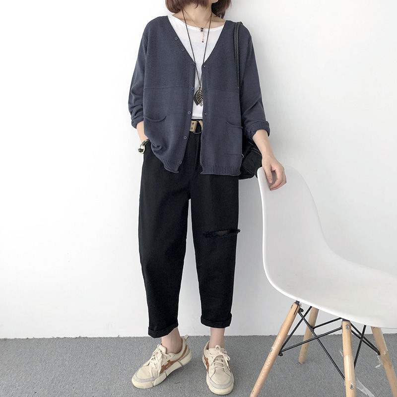 Women's Knitted Cardigan New loose Large Size Thin Jacket Casual Korean V-neck Outer Sweater Long-Sleeved Top-Stella's Fashion