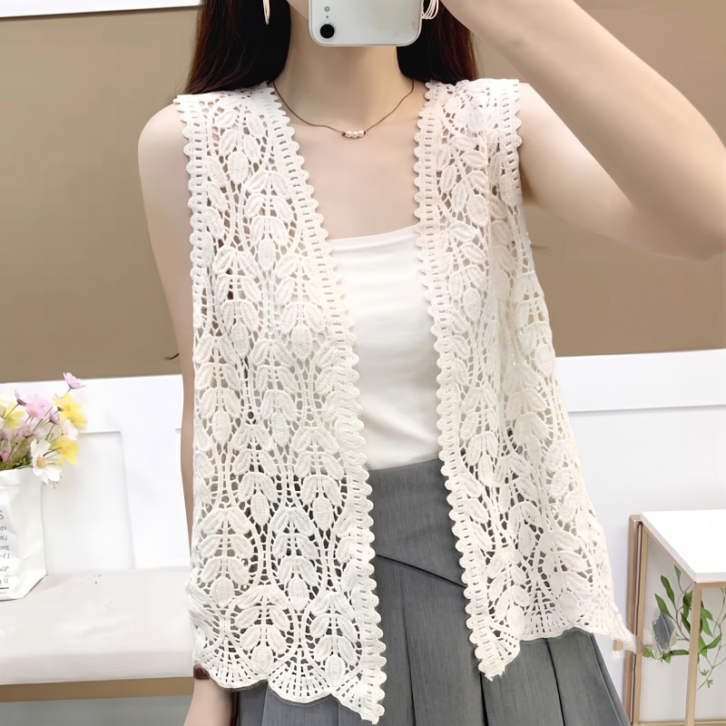 [Stella Fashion] Women's Summer V Neck Leaf Pattern Loose Tops Sleeveless Hollow Crochet knit Crop Cardigan Casual Vest