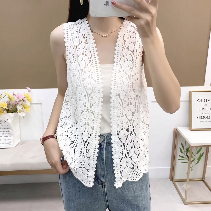[Stella Fashion] Women's Summer V Neck Leaf Pattern Loose Tops Sleeveless Hollow Crochet knit Crop Cardigan Casual Vest