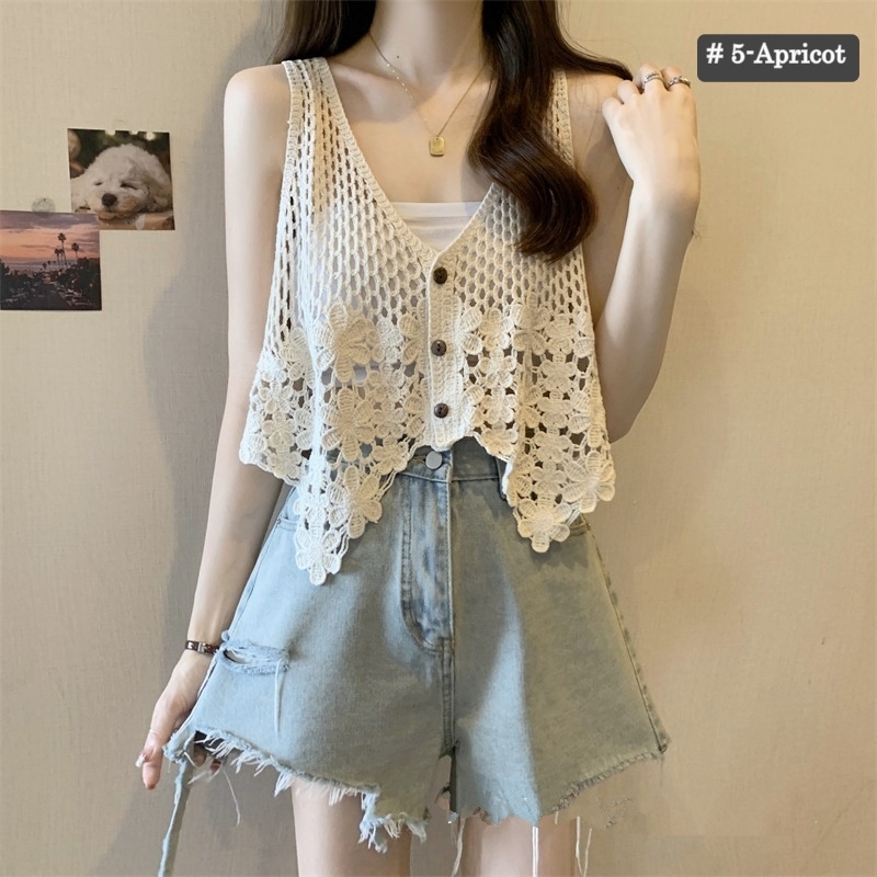 [Stella Fashion] Women's Summer V Neck Leaf Pattern Loose Tops Sleeveless Hollow Crochet knit Crop Cardigan Casual Vest