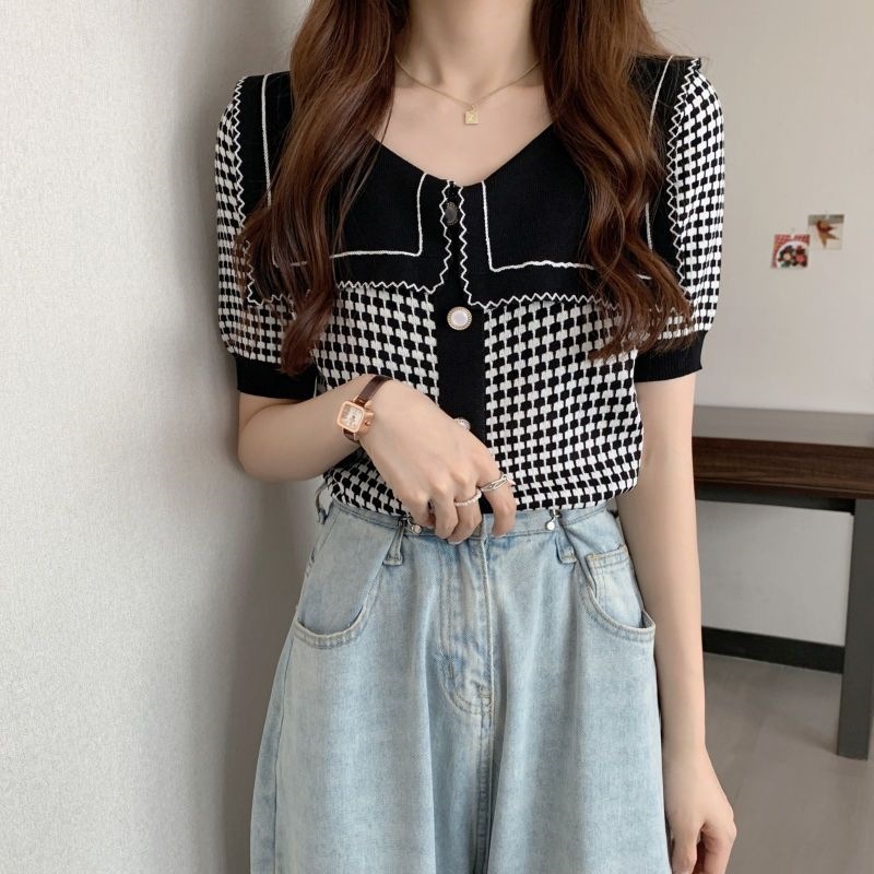 Stella Fashion Women’s Elegant Houndstooth Knitted Cardigan with Sailor Collar, Princess Sleeves, Pearl Buttons, Black & White Spring Fashion Top