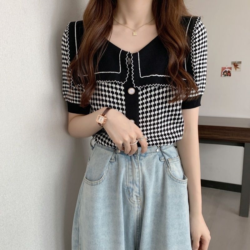 Stella Fashion Women’s Elegant Houndstooth Knitted Cardigan with Sailor Collar, Princess Sleeves, Pearl Buttons, Black & White Spring Fashion Top