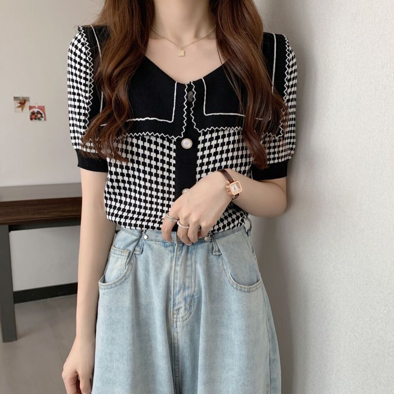 Stella Fashion Women’s Elegant Houndstooth Knitted Cardigan with Sailor Collar, Princess Sleeves, Pearl Buttons, Black & White Spring Fashion Top