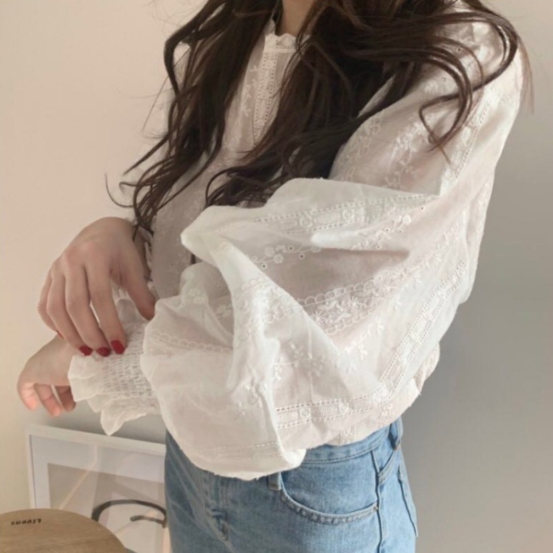 Stella Fashion Korean Style Women Ladies Loose Lace Cotton Round Neck Puff Long Sleeve Shirt Blouse-Stella's Fashion
