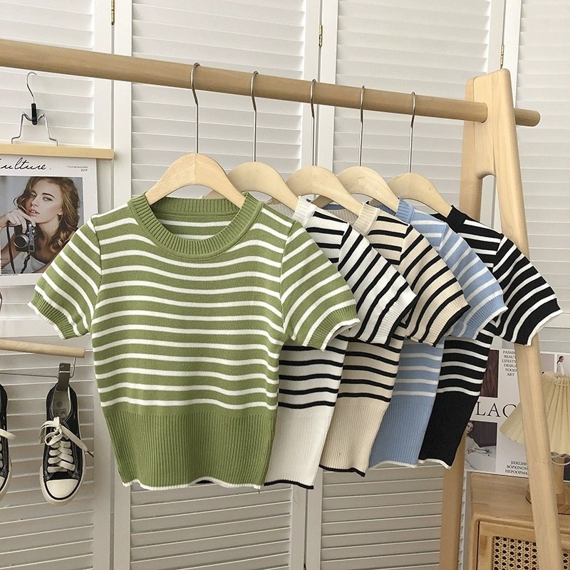 Stella Fashion Korean Style Striped Knit Top Women Short Sleeve Slim Fit Round Neck T-Shirt Pullover