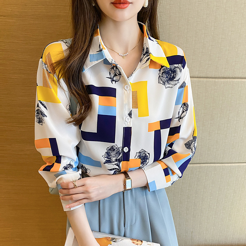 Stella Fashion Chic Korean Style Printed Blouse | Women's Elegant Long Sleeve Loose Fit Lapel Cardigan Top For Office Wear