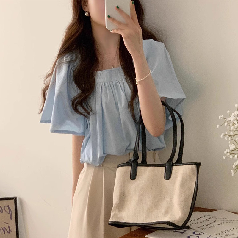 Stella Fashion Women Square Neck Puff Sleeve Blouse | Loose Fit Short Sleeve Casual Top | Light Blue