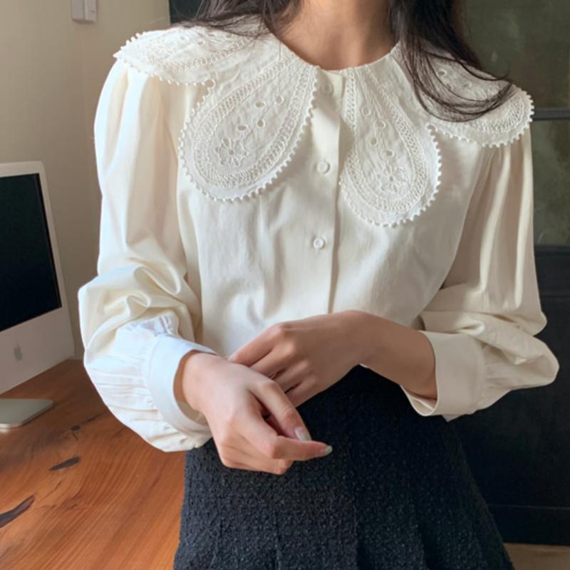 Stella Fashion Women Korean Lace Collar Long Sleeve Blouse Elegant Office Lady White Shirt Puff Sleeve Slim Fit Top S-XL