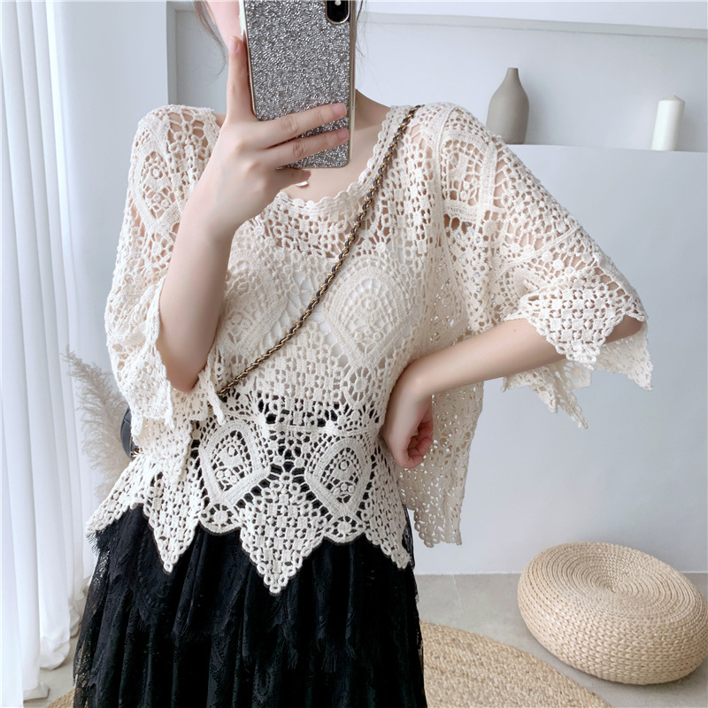 [Stella Fashion] women's short-sleeved shawl summer blouse  crocheted hollow top with western style small shirt sweater-Stella's Fashion