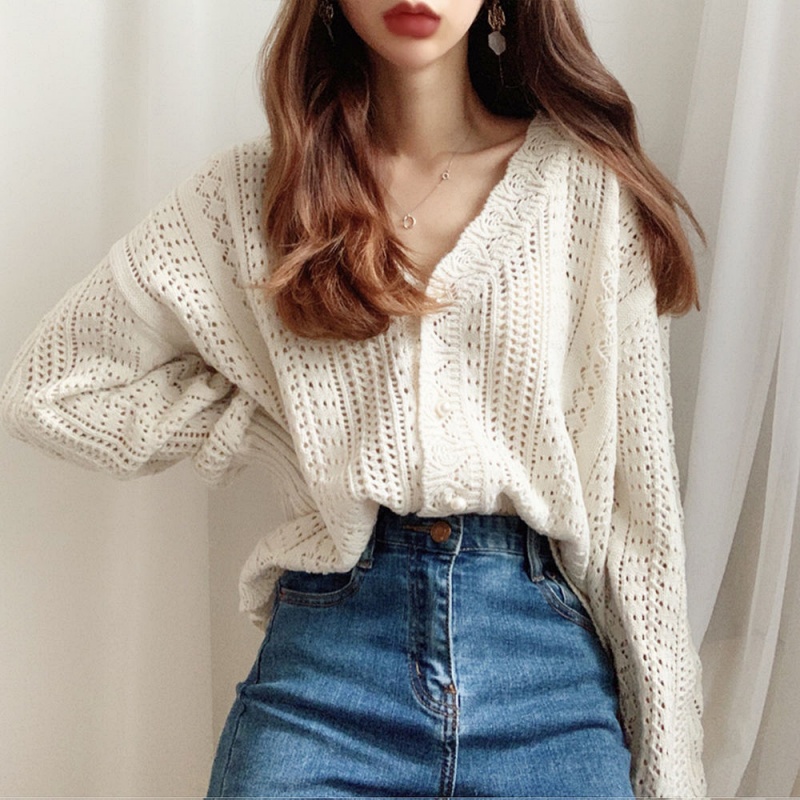Stella Fashion Korean Retro Hollow Lazy Style Woolen Jacket Crocheted sweater V-neck Women's knitted Loose Cardigan-Stella's Fashion