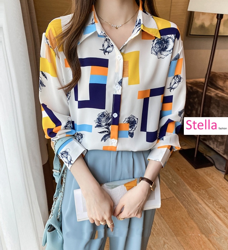 Stella Fashion Chic Korean Style Printed Blouse | Women's Elegant Long Sleeve Loose Fit Lapel Cardigan Top For Office Wear