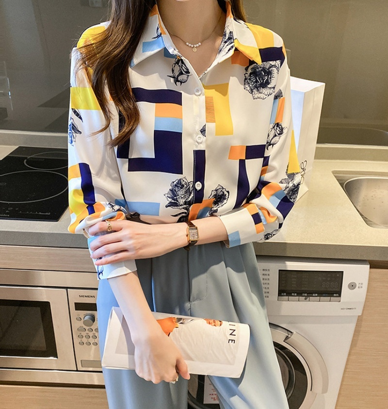 Stella Fashion Chic Korean Style Printed Blouse | Women's Elegant Long Sleeve Loose Fit Lapel Cardigan Top For Office Wear