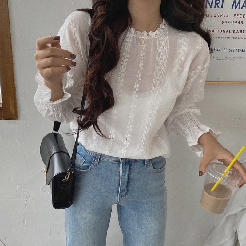 Stella Fashion Korean Style Women Ladies Loose Lace Cotton Round Neck Puff Long Sleeve Shirt Blouse-Stella's Fashion
