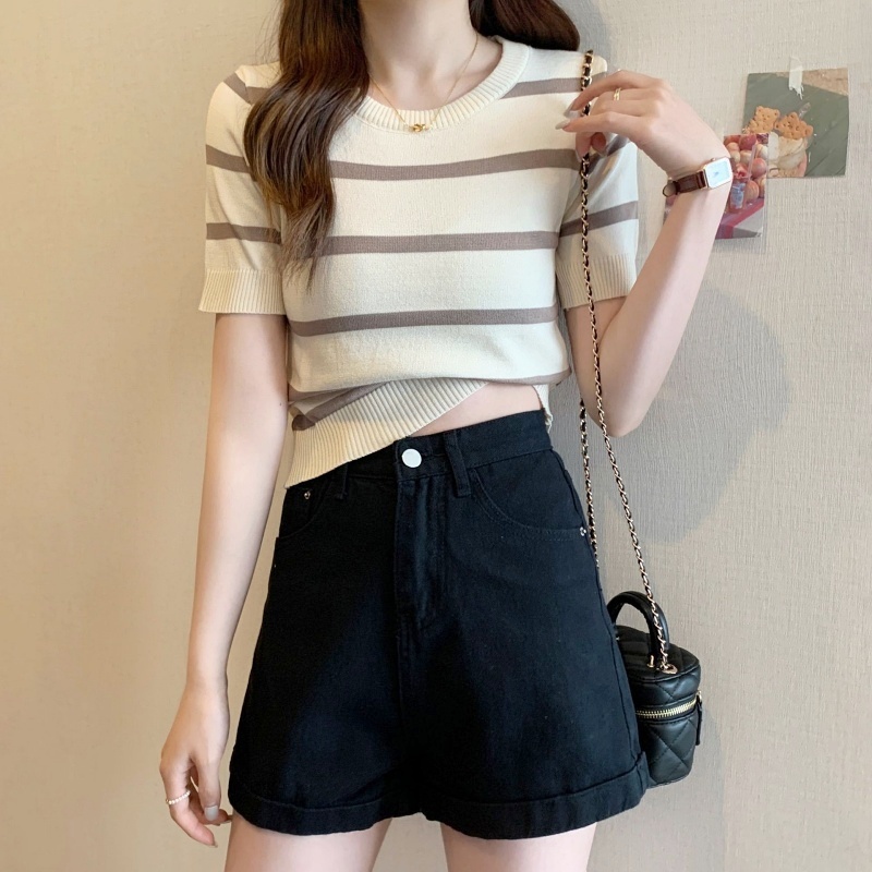 [Stella Fashion] Women’s Korean Solid Color V- Neck Casual Slim Knitted Short Sleeve Crop T-Shirt. Women Tops