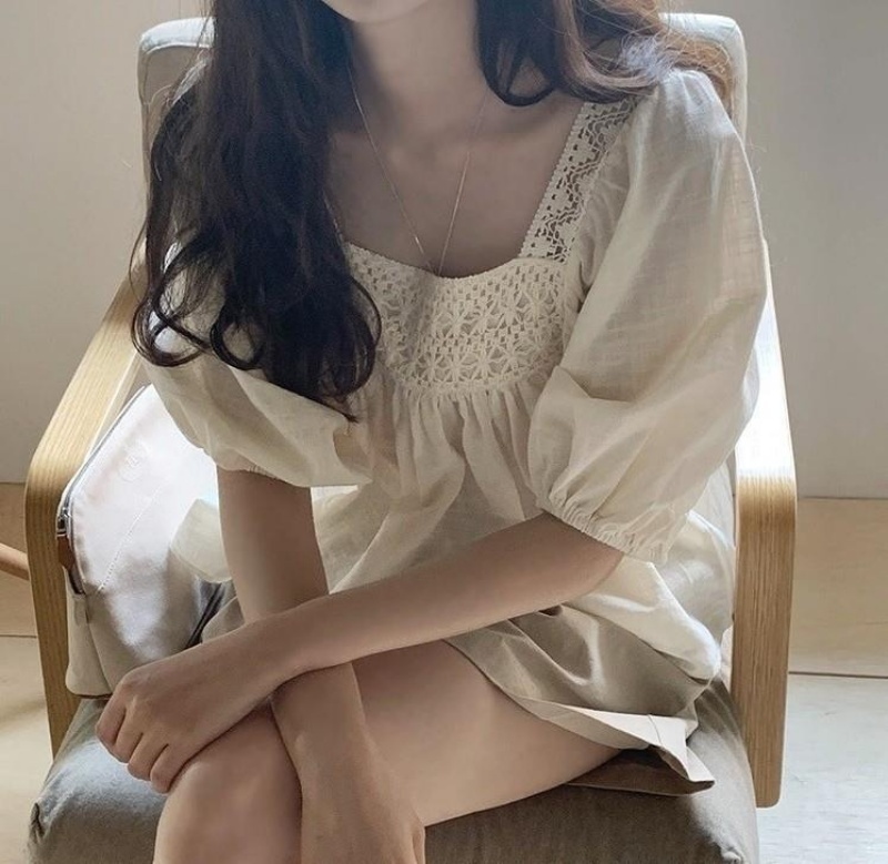 Korean Style Puff Sleeve Blouse For Women l Square Neck, Lace Trim, Loose Fit for Daily & Office Wear