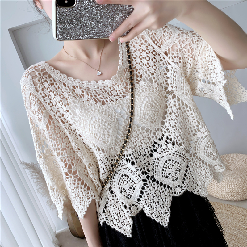 [Stella Fashion] women's short-sleeved shawl summer blouse  crocheted hollow top with western style small shirt sweater-Stella's Fashion
