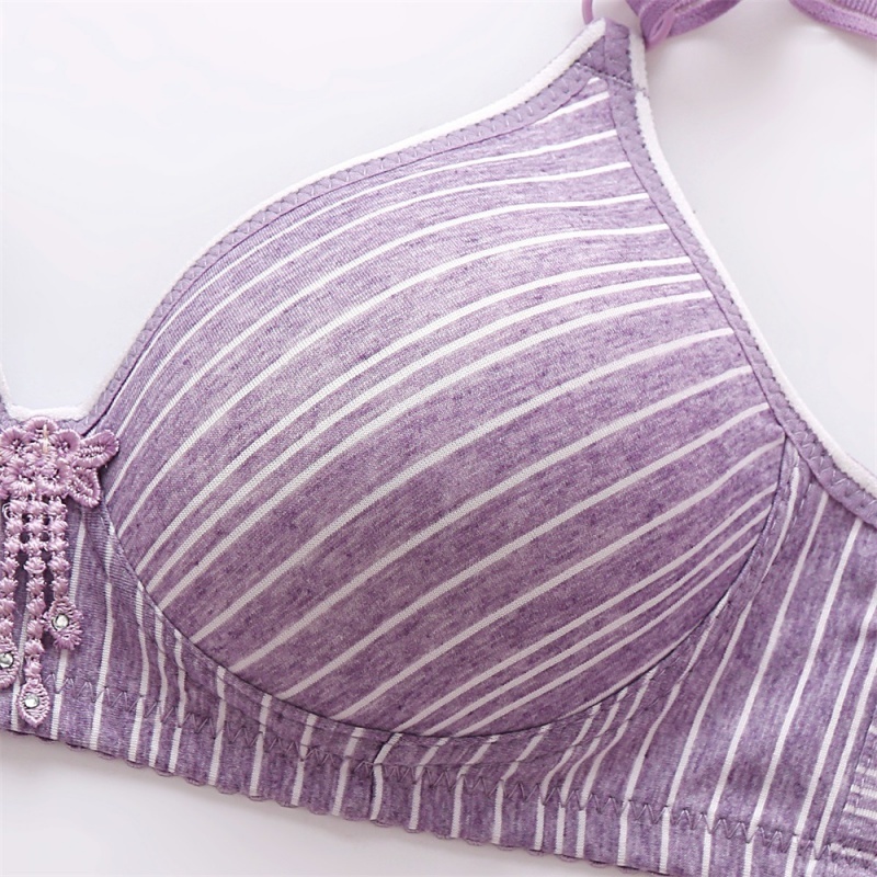 Stella Fashion Middle-aged and elderly skin-friendly cotton striped printed bra without steel ring thin cotton small chest gathered breathable cotton mother underwear bra