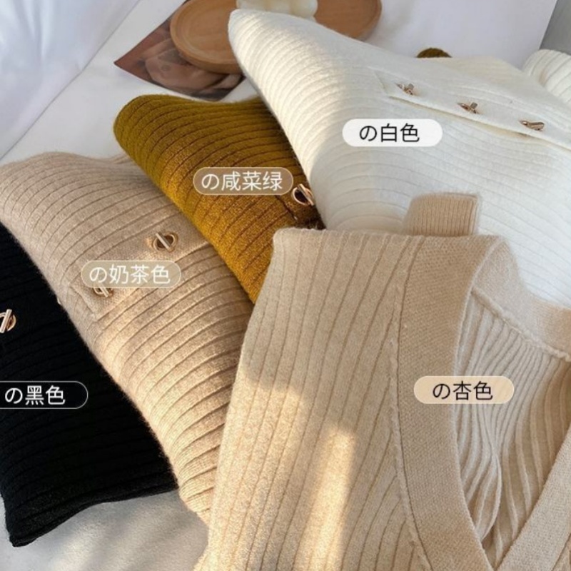 Women's Korean Style V Neck Knitted Top Loose Long Sleeve Inner Basic shirt Bottoming Shirt