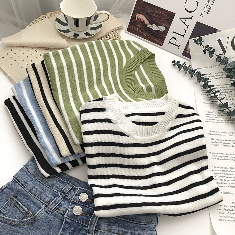 Stella Fashion Korean Style Striped Knit Top Women Short Sleeve Slim Fit Round Neck T-Shirt Pullover