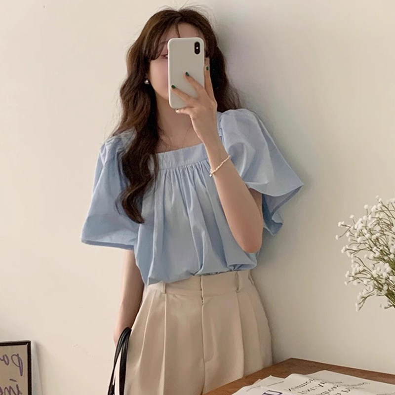 Stella Fashion Women Square Neck Puff Sleeve Blouse | Loose Fit Short Sleeve Casual Top | Light Blue