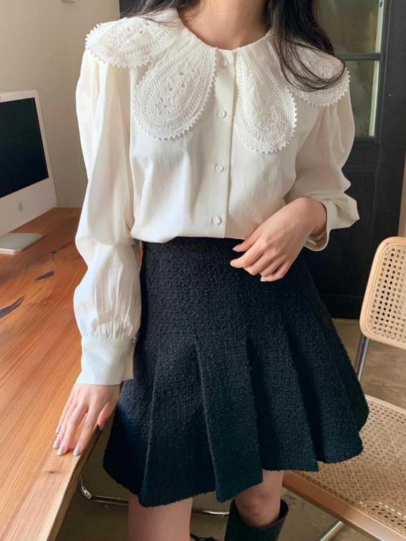 Stella Fashion Women Korean Lace Collar Long Sleeve Blouse Elegant Office Lady White Shirt Puff Sleeve Slim Fit Top S-XL