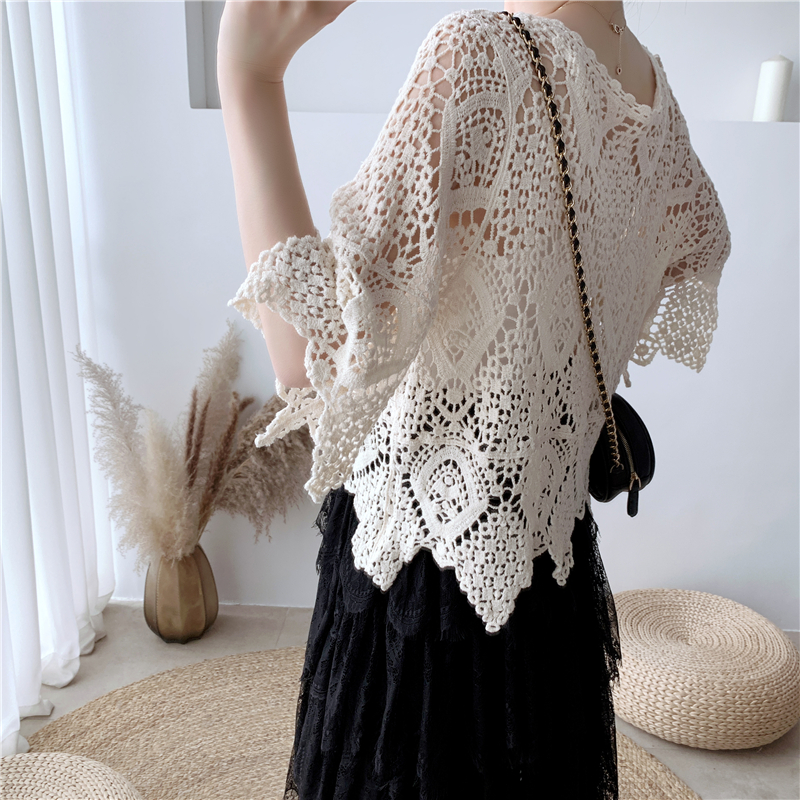 [Stella Fashion] women's short-sleeved shawl summer blouse  crocheted hollow top with western style small shirt sweater-Stella's Fashion