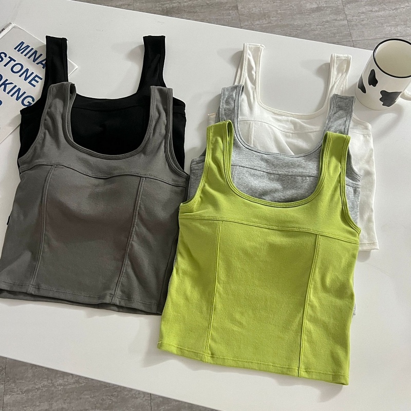 Stella Fashion Women Sleeveless Camisole inner tank top with padded Fixed Cup Cotton Singlet Wide Shoulder Straps Big U