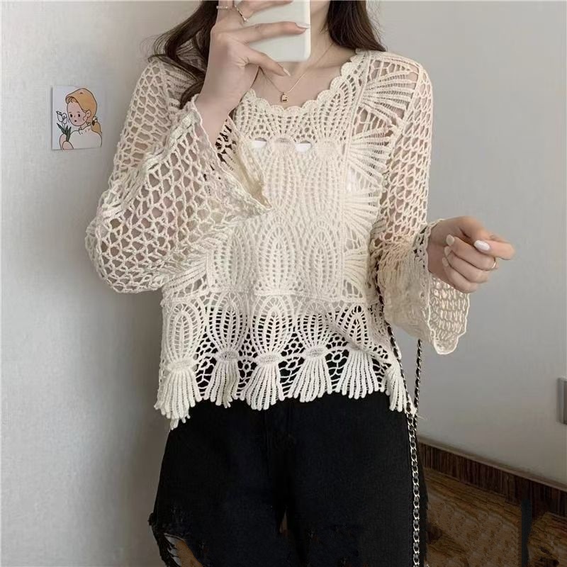 Stella Fashion Korean Style Lace Crochet Button-Up Cardigan | Breathable Long Sleeve Hollow Top for Women