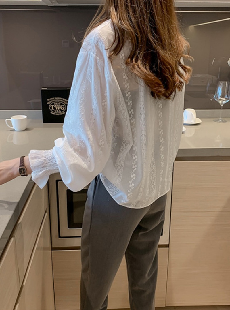 Stella Fashion Korean Style Women Ladies Loose Lace Cotton Round Neck Puff Long Sleeve Shirt Blouse-Stella's Fashion