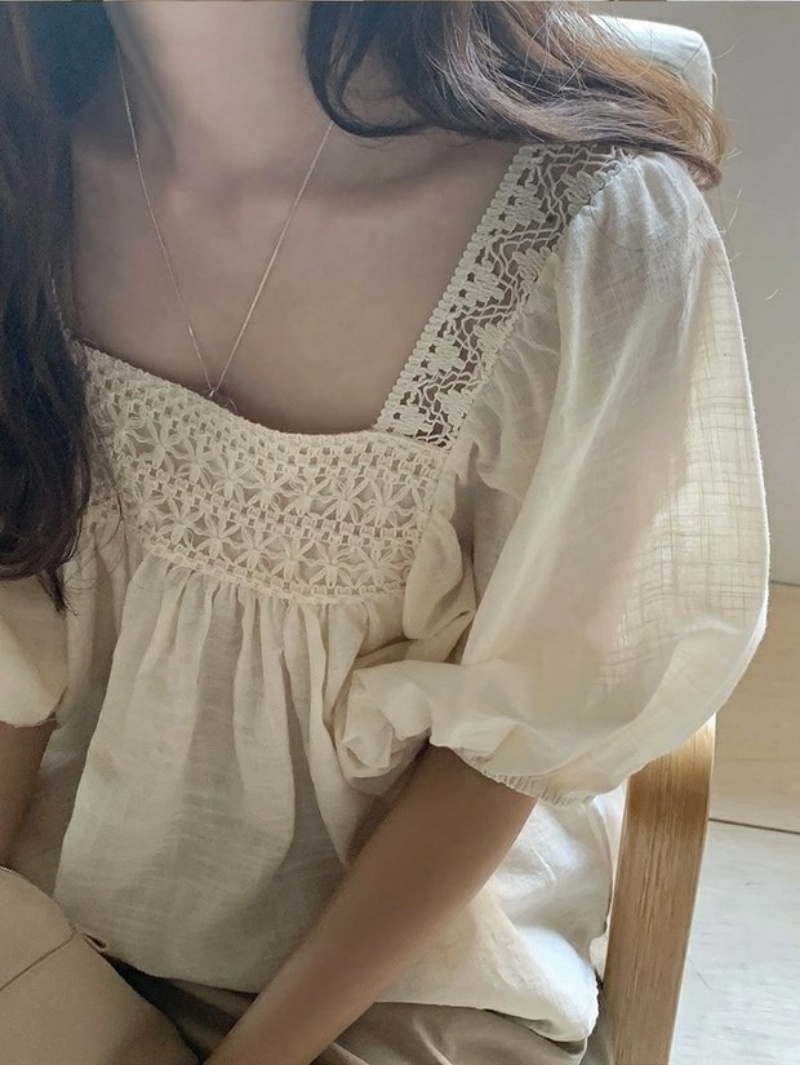 Korean Style Puff Sleeve Blouse For Women l Square Neck, Lace Trim, Loose Fit for Daily & Office Wear