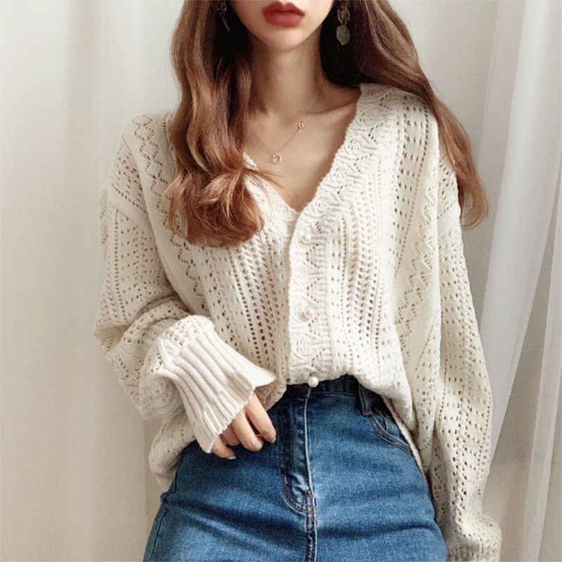 Stella Fashion Korean Retro Hollow Lazy Style Woolen Jacket Crocheted sweater V-neck Women's knitted Loose Cardigan-Stella's Fashion