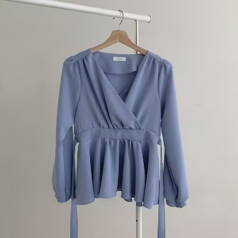 Stella Fashion Women Elegant V-Neck Peplum Blouse – Lantern Sleeve Wrap Top Tie Waist Flowy Shirt Office Casual Date Wear
