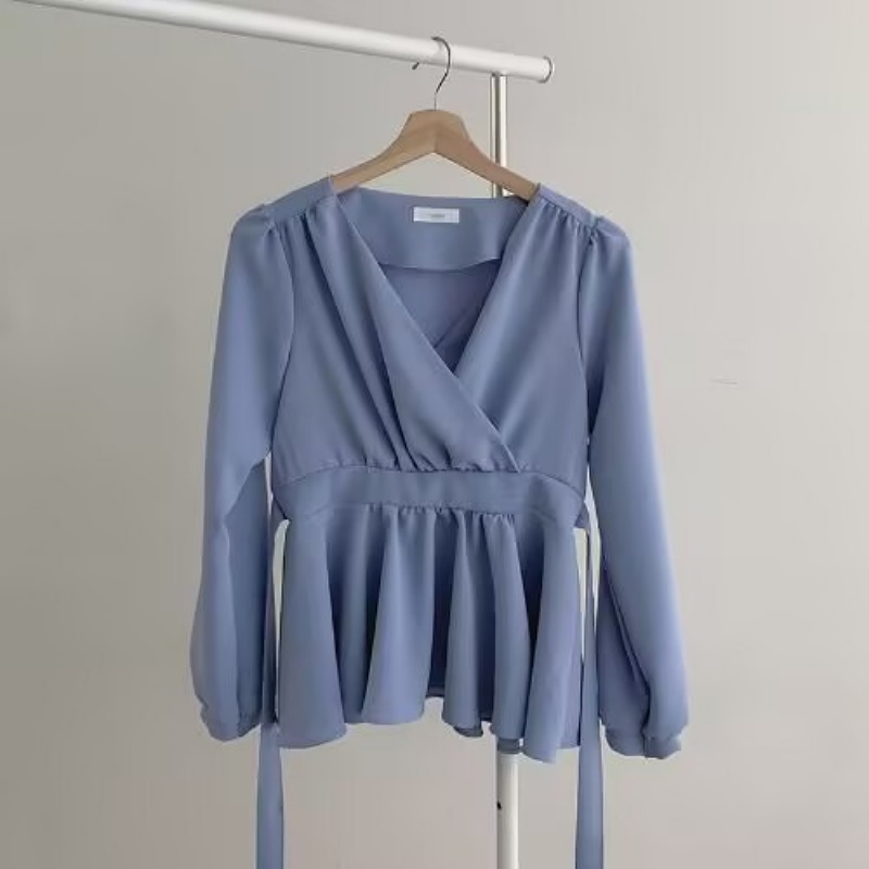 Stella Fashion Women Elegant V-Neck Peplum Blouse – Lantern Sleeve Wrap Top Tie Waist Flowy Shirt Office Casual Date Wear