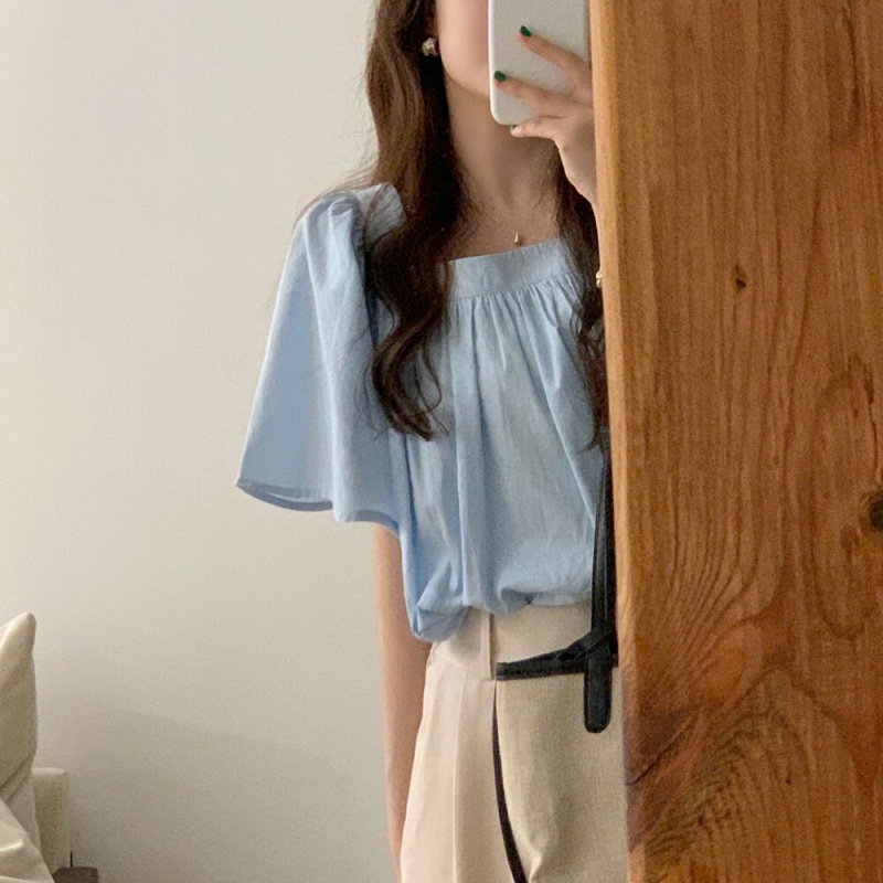 Stella Fashion Women Square Neck Puff Sleeve Blouse | Loose Fit Short Sleeve Casual Top | Light Blue