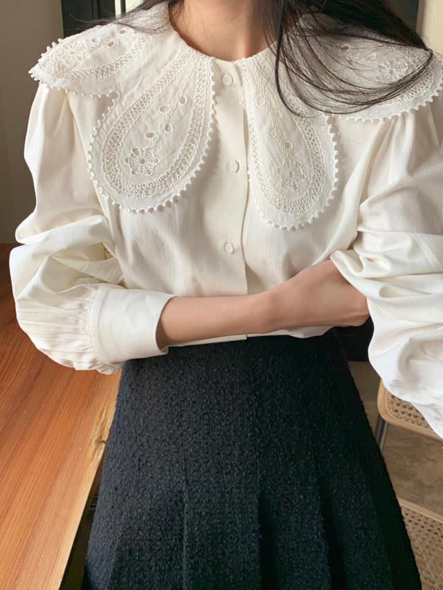 Stella Fashion Women Korean Lace Collar Long Sleeve Blouse Elegant Office Lady White Shirt Puff Sleeve Slim Fit Top S-XL