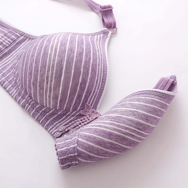 Stella Fashion Middle-aged and elderly skin-friendly cotton striped printed bra without steel ring thin cotton small chest gathered breathable cotton mother underwear bra