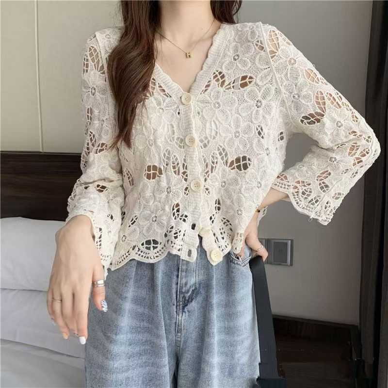 Stella Fashion Korean Style Lace Crochet Button-Up Cardigan | Breathable Long Sleeve Hollow Top for Women
